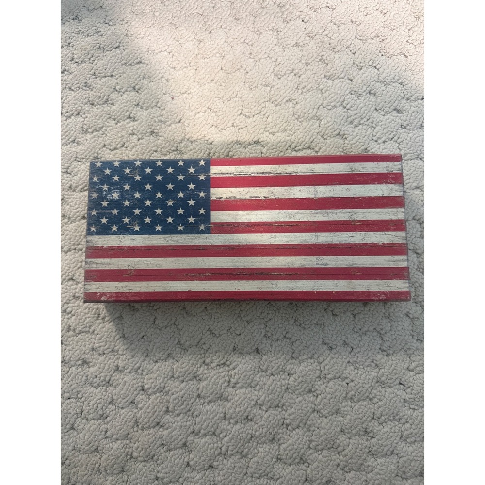 Rustic Distressed Wooden American Flag Block Sign Patriotic Home Decor Americana